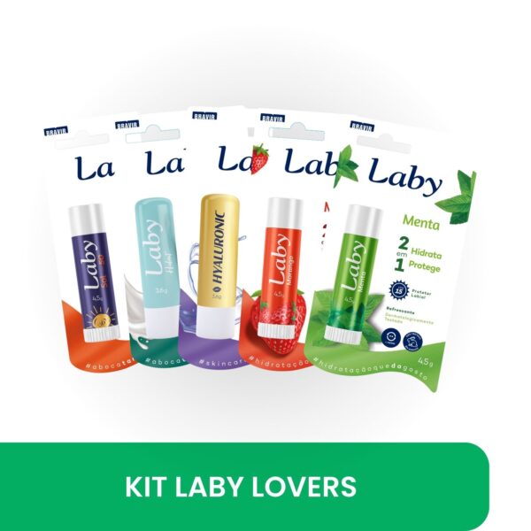 Protetores Labiais KIT LABY Lovers com: FPS50, Hidrat, Hyaluronic, Menta e Morango